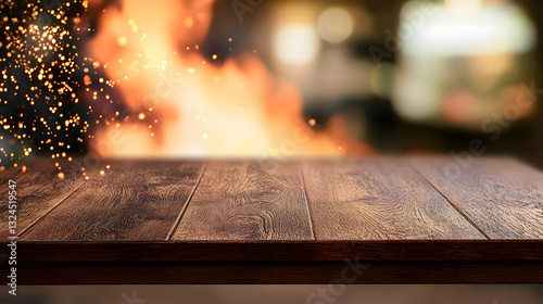 Empty Wooden Table with Fire Sparks and Blurred Restaurant Background for Product Display
