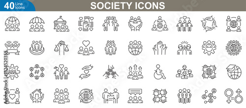 Society icons set. Representing social values, justice, equality, civic engagement, human rights, cultural diversity, public services, sustainable development and more. Vector illustration