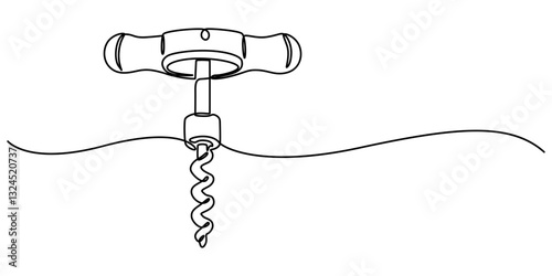 Corkscrew continuous line. Bottle-screw or win bottle opener. Vector illustration, Corkscrew one line continuous drawing. Kitchen tools continuous one line illustration. Vector minimalist linear style