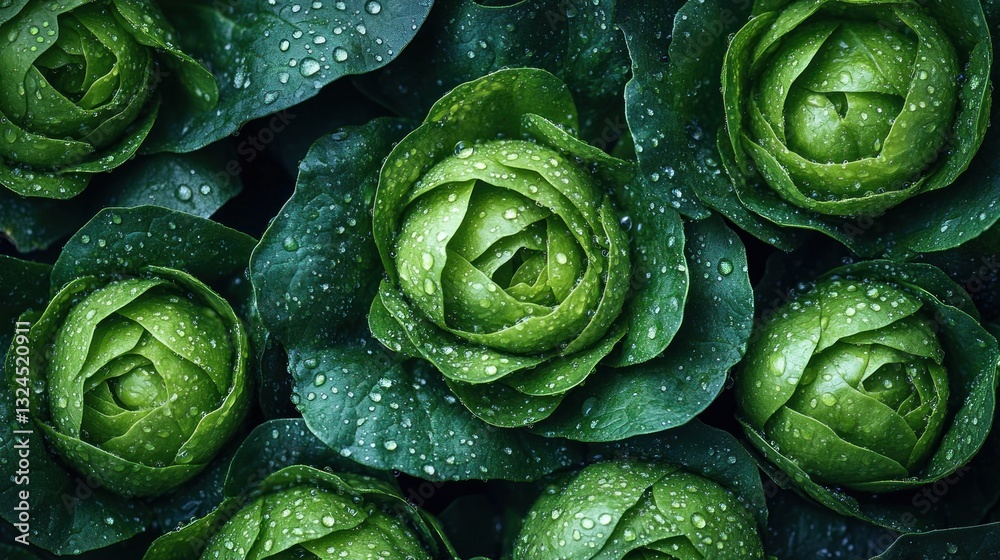 Fototapeta premium Dew-kissed green cabbages, garden closeup, lush foliage, food background
