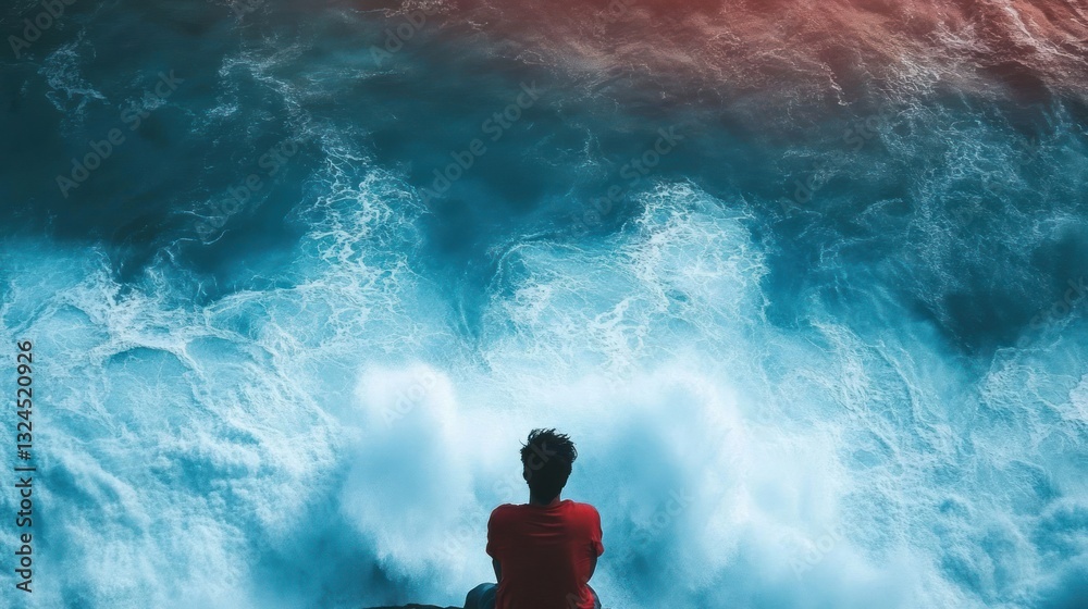 Fototapeta premium Man sitting on cliff overlooking powerful ocean waves.