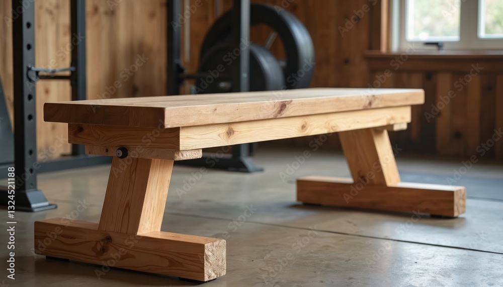 Solid wood bench press assembled in home gym, emphasizing durable structure. Natural wood grain, woodworking shows craftsmanship, stability. Fitness furniture, personal design, indoor muscle exercise Solid wood bench press assembled in home gym, emphasizing durable structure. Natural wood grain, woodworking shows craftsmanship, stability. Fitness furniture, personal design, indoor muscle exercise