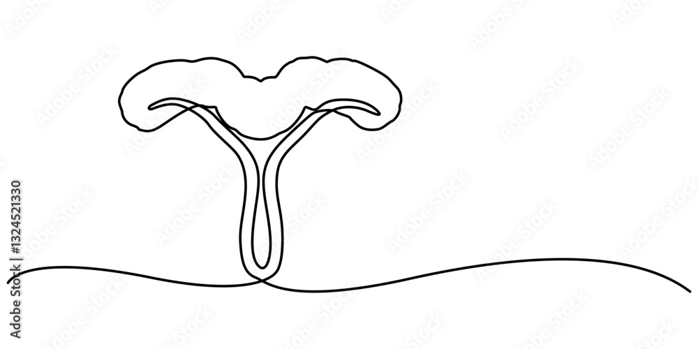 continuous line art drawing of female reproductive uterus, Human reproductive system one line continuous drawing, Vector minimalist linear illustration, Isolated flat illustration hand draw contour on continuous line art drawing of female reproductive uterus, Human reproductive system one line continuous drawing, Vector minimalist linear illustration, Isolated flat illustration hand draw contour on