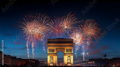 Spectacular Fireworks Display Over The Arc De Triomphe In Paris At Night With A Festive Crowd Celebrating