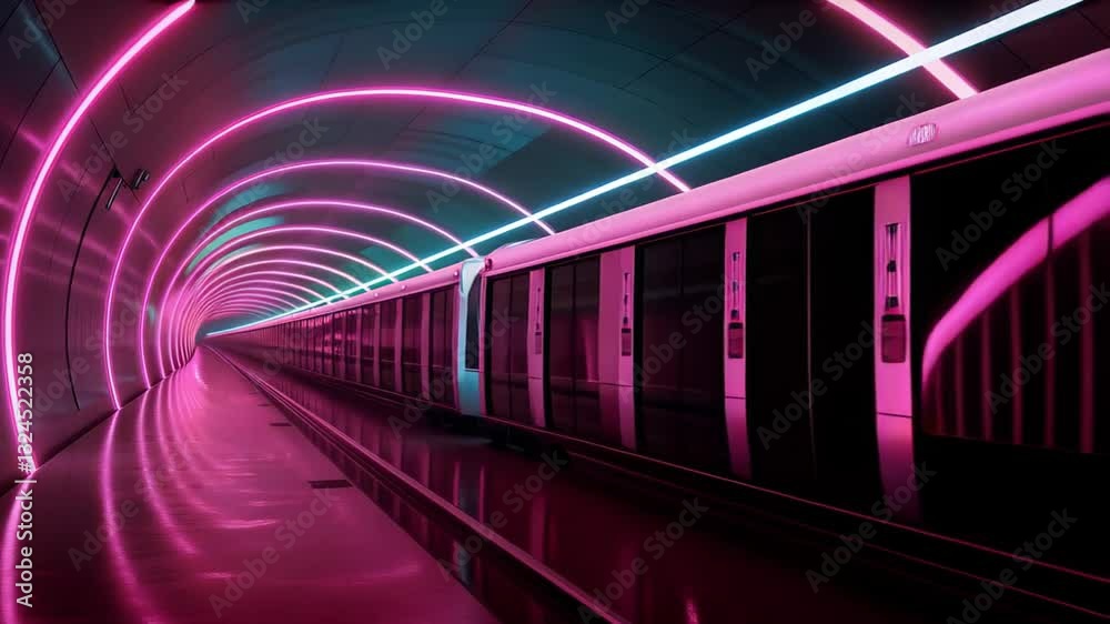 A sleek train speeds through a stunning tunnel illuminated by colorful neon lights. The bright hues reflect off the smooth surfaces, creating a mesmerizing atmosphere at night