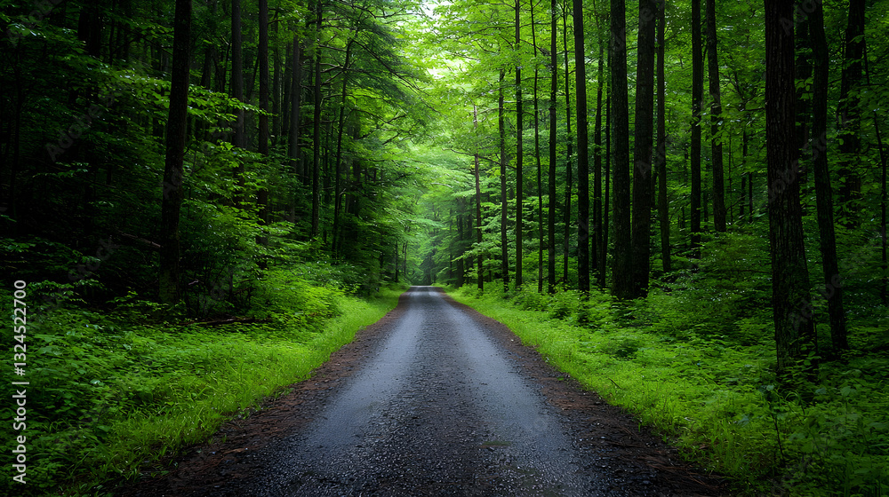 Obraz premium Lush Green Forest Path Under Rain Leading Into Light With Wet Road and Surrounding Trees