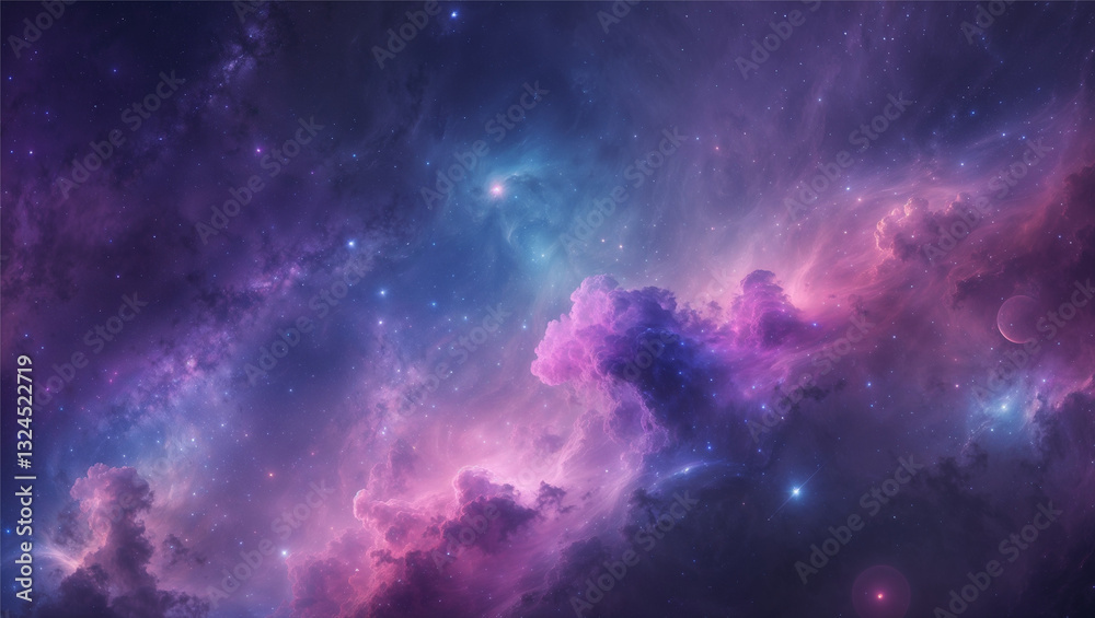 Naklejka premium Celestial-inspired background with deep space purple, cosmic blue, and soft pink nebula. Soft galaxy gradients, dreamy stardust, and subtle glowing elements create a futuristic yet elegant design