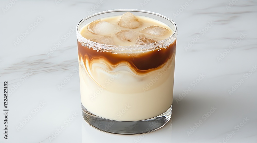 Cold coffee filled with ice cubes features creamy swirls, creating a visually appealing drink captured from a top view on a white backdrop Cold coffee filled with ice cubes features creamy swirls, creating a visually appealing drink captured from a top view on a white backdrop