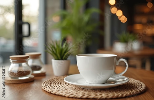 Wallpaper Mural Modern cafe ambiance with table settings. Coffee cup, jars, plants on wooden table. Warm beverage, drink concept. Indoor decorations, restaurant interior. Coffee break, cafe culture. Enjoyment, Torontodigital.ca