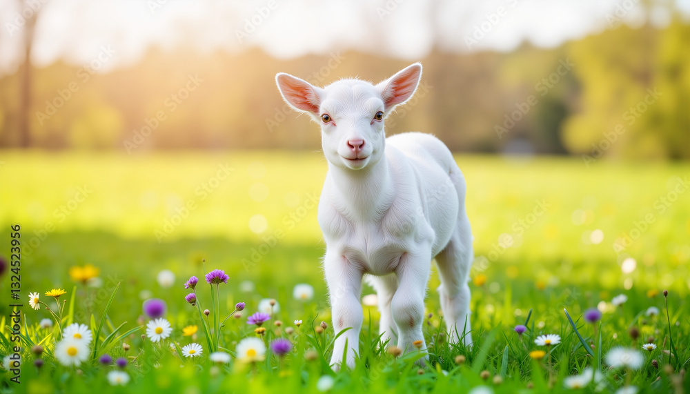 Obraz premium Curious baby goat exploring vibrant meadow with wildflowers, springtime joy