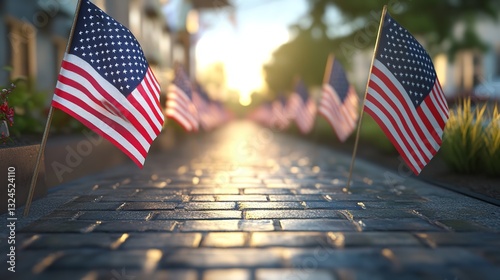 A Sun-drenched Street Lined With Small American Flags, A Patriotic Display Honoring National Pride And Remembrance, Bathed In Warm Golden Light