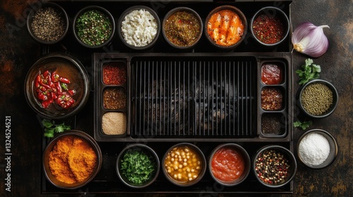 Overhead view of grilling station with various spices, sauces, and ingredients.