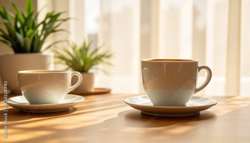 Morning coffee cups on wooden table in sunlight, serenity and warmth Morning coffee cups on wooden table in sunlight, serenity and warmth