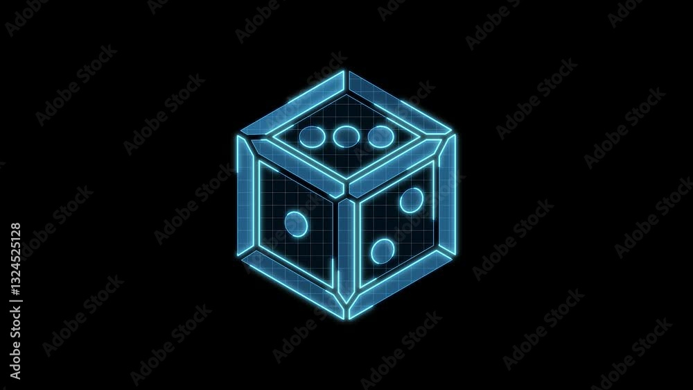 Dice icon motion animation, continuous seamless loop from 1 to 7 second mark, futuristic cyber technology look, neon laser lines on black background.