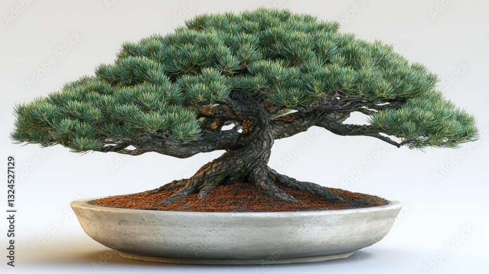 Fototapeta premium Elegant bonsai pine tree in ceramic pot on plain background