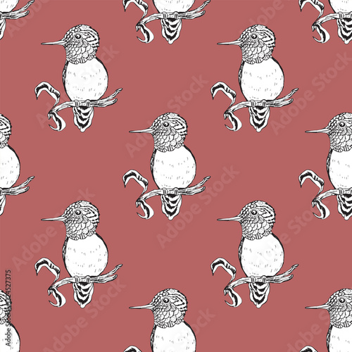 Seamless pattern with funny birds, flowers, leaves. Flat vector illustration with cartoon bird silhouette. Cute characters. Design for invitation, poster, card, textile, fabric.