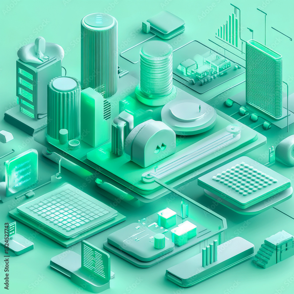Fototapeta premium Isometric futuristic data center in mint green, depicting a digital cityscape with cloud computing, servers, and glowing connections. Symbolizing AI, big data, and modern technology infrastructure.
