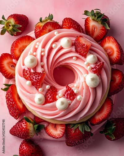 Strawberry Donut Delight: Indulge in a delectable visual feast featuring a luscious pink frosted donut adorned with fresh, juicy strawberries and delicate pearl accents.