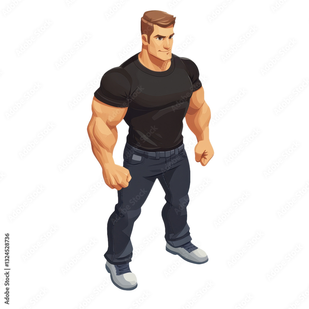 Cartoon Illustration of a Muscular Man: A Powerful Character Design for Fitness, Strength, and Healthy Lifestyle Concepts - Perfect for Graphic Art and Animation