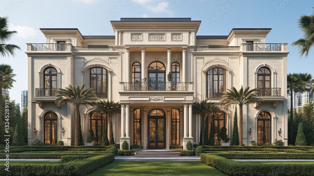 Fototapeta premium Elegant Colonial Mansion Exterior with Lush Landscaping; Digital Rendering for Architectural Showcase