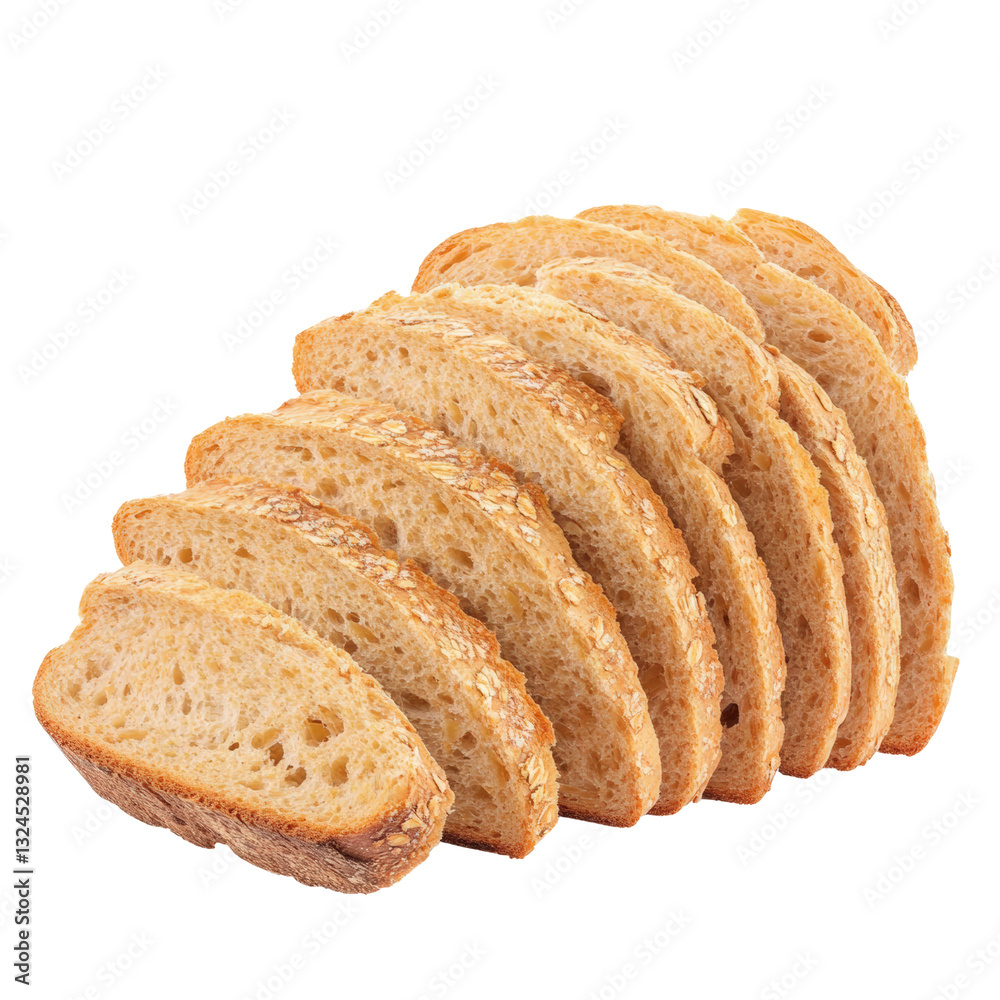 Freshly sliced loaf of bread displaying its soft texture and golden crust perfect for culinary use and baking inspiration isolated on a white background. Freshly sliced loaf of bread displaying its soft texture and golden crust perfect for culinary use and baking inspiration isolated on a white background.