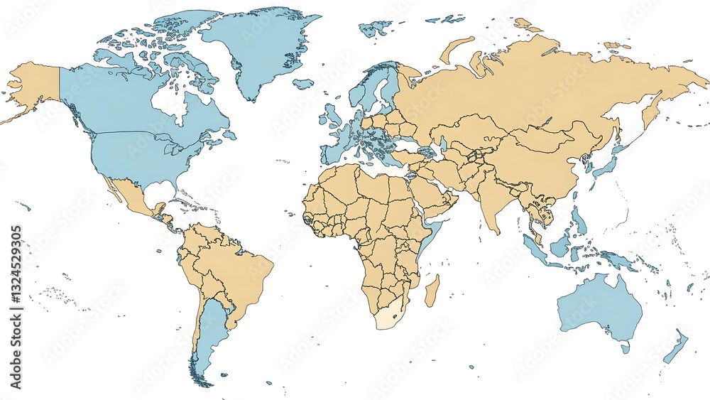 Fototapeta premium World Map: Light Blue and Tan Countries Depicting Geographic/Political Divisions, Featuring North America, Europe, Africa, and More, Downloadable Image..
