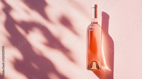 Professional flat lay composition of a blank wine bottle lying down for design mockup or branding presentation