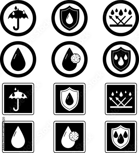 Black Water and Dust Resistant Labels. Vector Icons for Packaging, Stickers. Material Protective from Water, Sweat and Dust