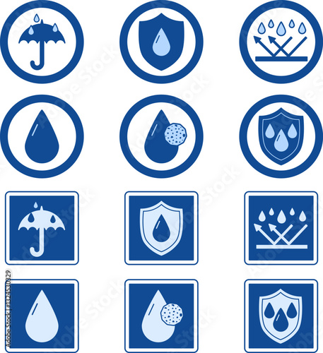 Blue Water and Dust Resistant Labels. Vector Icons for Packaging, Stickers. Material Protective from Water, Sweat and Dust