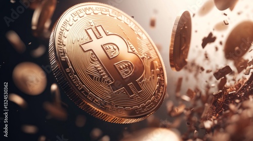 Floating Bitcoin coins appear against a light backdrop, surrounded by fragments and particles, representing the vibrant and evolving world of digital currency and blockchain technology