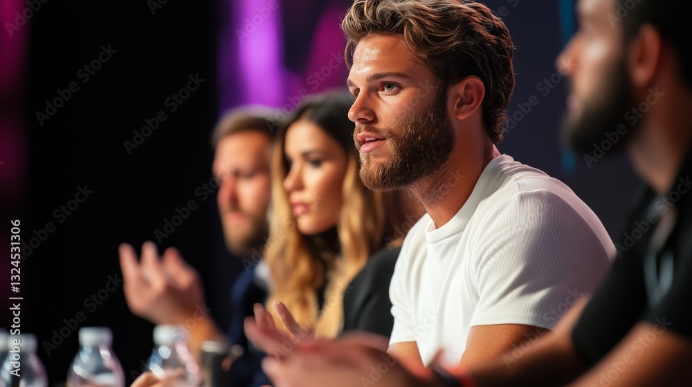 Fototapeta premium Young man discusses current trends at a conference panel in a well-lit venue with a diverse group of speakers