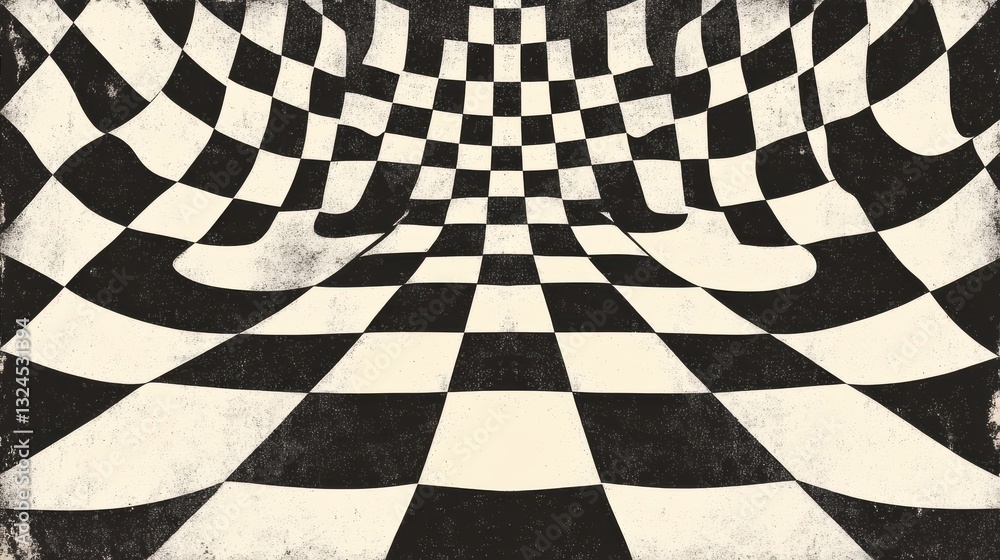 Naklejka premium Wavy black and white checkered pattern with a vintage texture creating a distorted perspective.