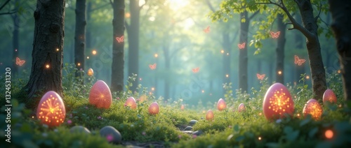 Dreamy fantasy landscape with levitating floral Easter eggs in a serene green forest.