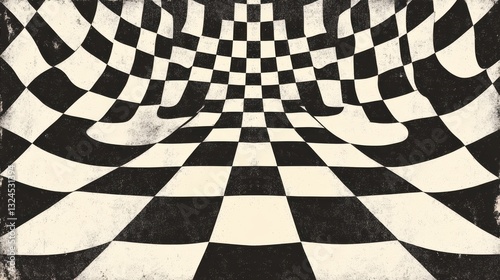 Wavy black and white checkered pattern with a vintage texture creating a distorted perspective.