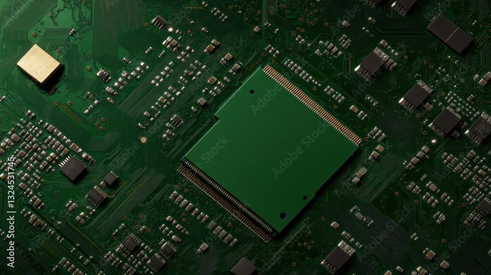 Close-up view of a green circuit board featuring various electronic components. intricate layout includes chips, resistors, and solder points vital for connectivity and functionality