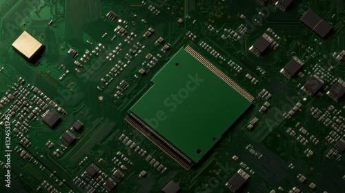 Close-up view of a green circuit board featuring various electronic components. intricate layout includes chips, resistors, and solder points vital for connectivity and functionality