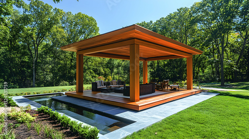 Modern Wooden Gazebo by a Pond photo