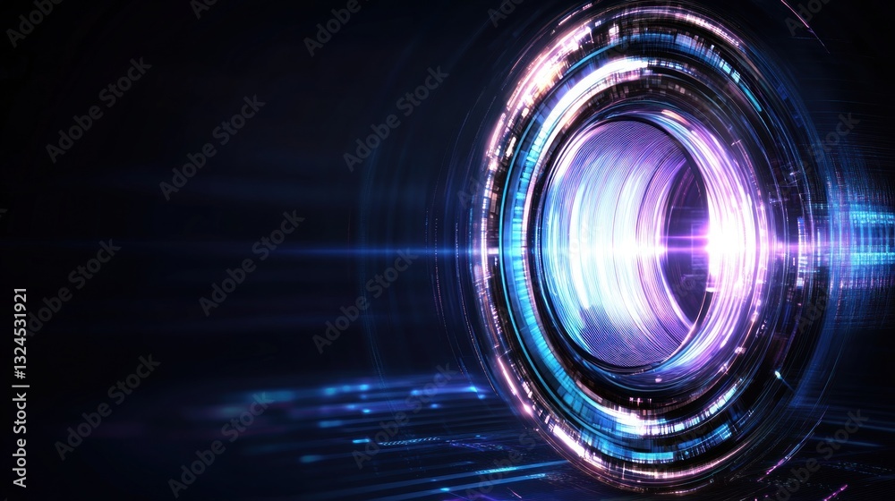 Obraz premium Illuminated lens aperture glows with striking light patterns, highlighting intricate technology details, creating a futuristic atmosphere during evening hours