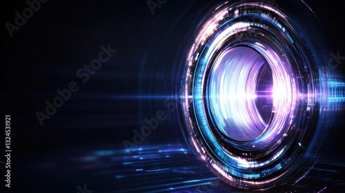 Illuminated lens aperture glows with striking light patterns, highlighting intricate technology details, creating a futuristic atmosphere during evening hours