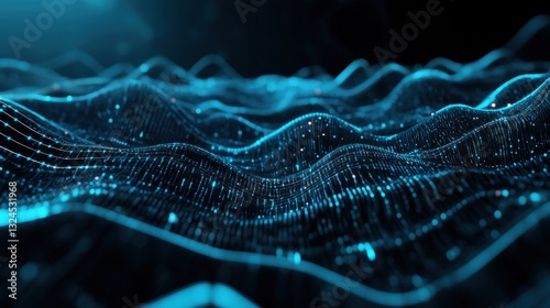 dynamic digital landscape features flowing waves composed of data points and glowing particles. blue tones create a modern atmosphere, showcasing technology and innovation
