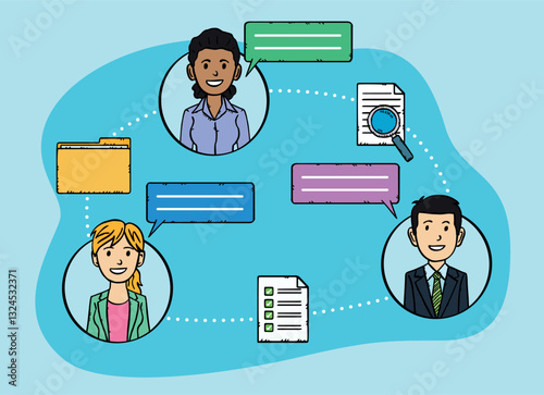 Hand-drawn vector graphic of employees chatting online and sending files, checklists and folders with data. The characters have speech bubbles next to them. Doodle style graphic.