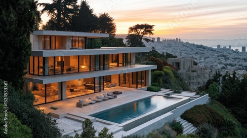 Sunrise view of modern hillside mansion with infinity pool