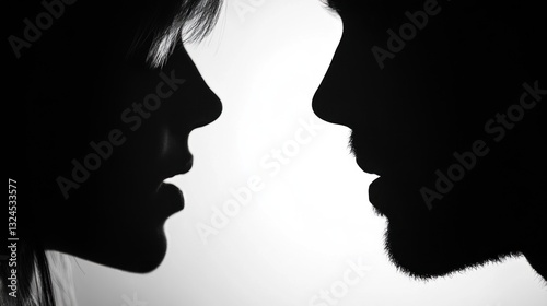 Two people stand closely facing each other, creating striking silhouettes against a softly lit backdrop. Their expressions convey intimacy and tension in this artistic moment