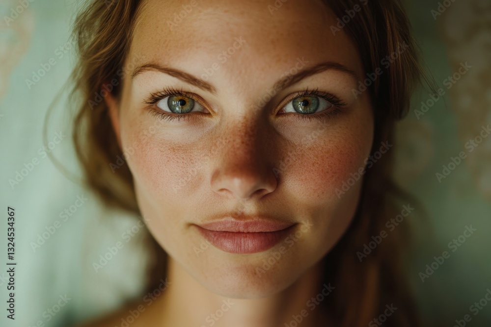 Portrait of Freckled Woman with Green Eyes, Natural Light, Calm Expression Portrait of Freckled Woman with Green Eyes, Natural Light, Calm Expression