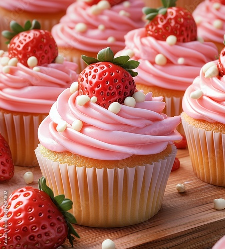 Strawberry Cupcakes: An array of delectable cupcakes with vibrant pink frosting and fresh strawberries, showcasing a sweet and visually appealing treat. 