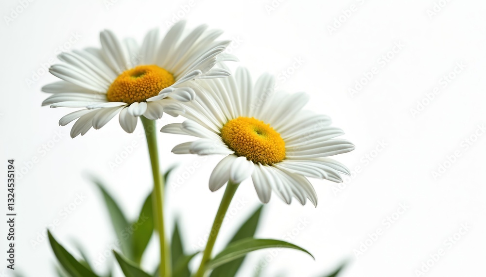 Obraz premium Close-up of two white daisies with yellow centers on a white background. Fresh garden chamomile flowers bloom in spring. Floral blossom with green leaves on clear backdrop.