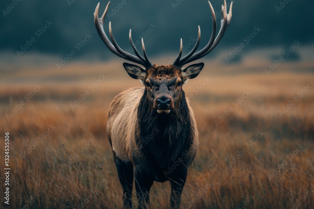 Majestic Elk Portrait: Powerful Deer Stares Intently in Natural Autumn Meadow Habitat Majestic Elk Portrait: Powerful Deer Stares Intently in Natural Autumn Meadow Habitat