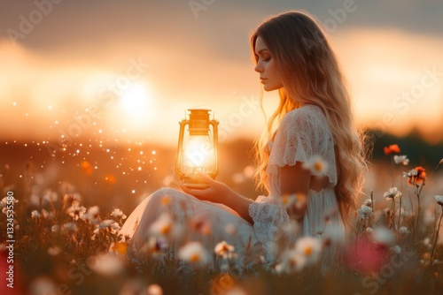 A Virgo maiden seated in a field of flowers, holding a glowing lantern, with constellations subtly twinkling in the sky