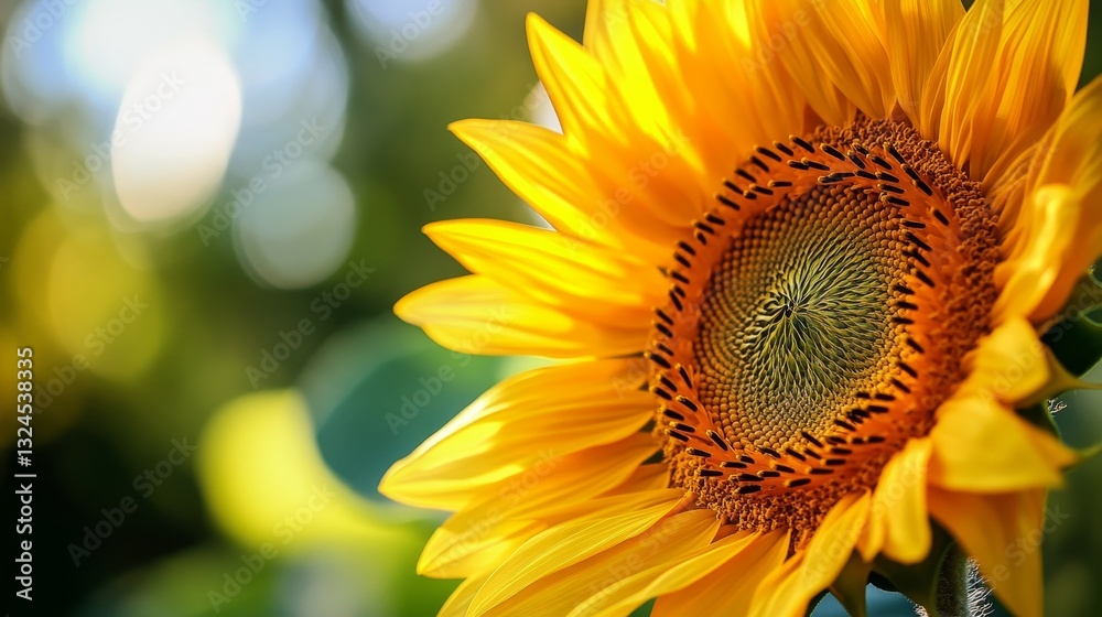 Fototapeta premium Close-up of a sunflower with its seeds visible in the center. 