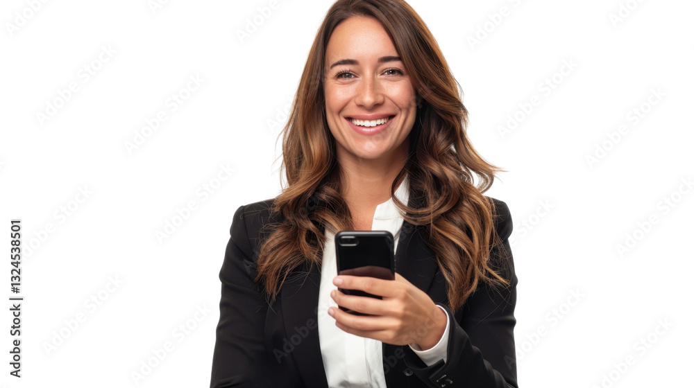 Smiling businesswoman holding smartphone on transparent background Smiling businesswoman holding smartphone on transparent background